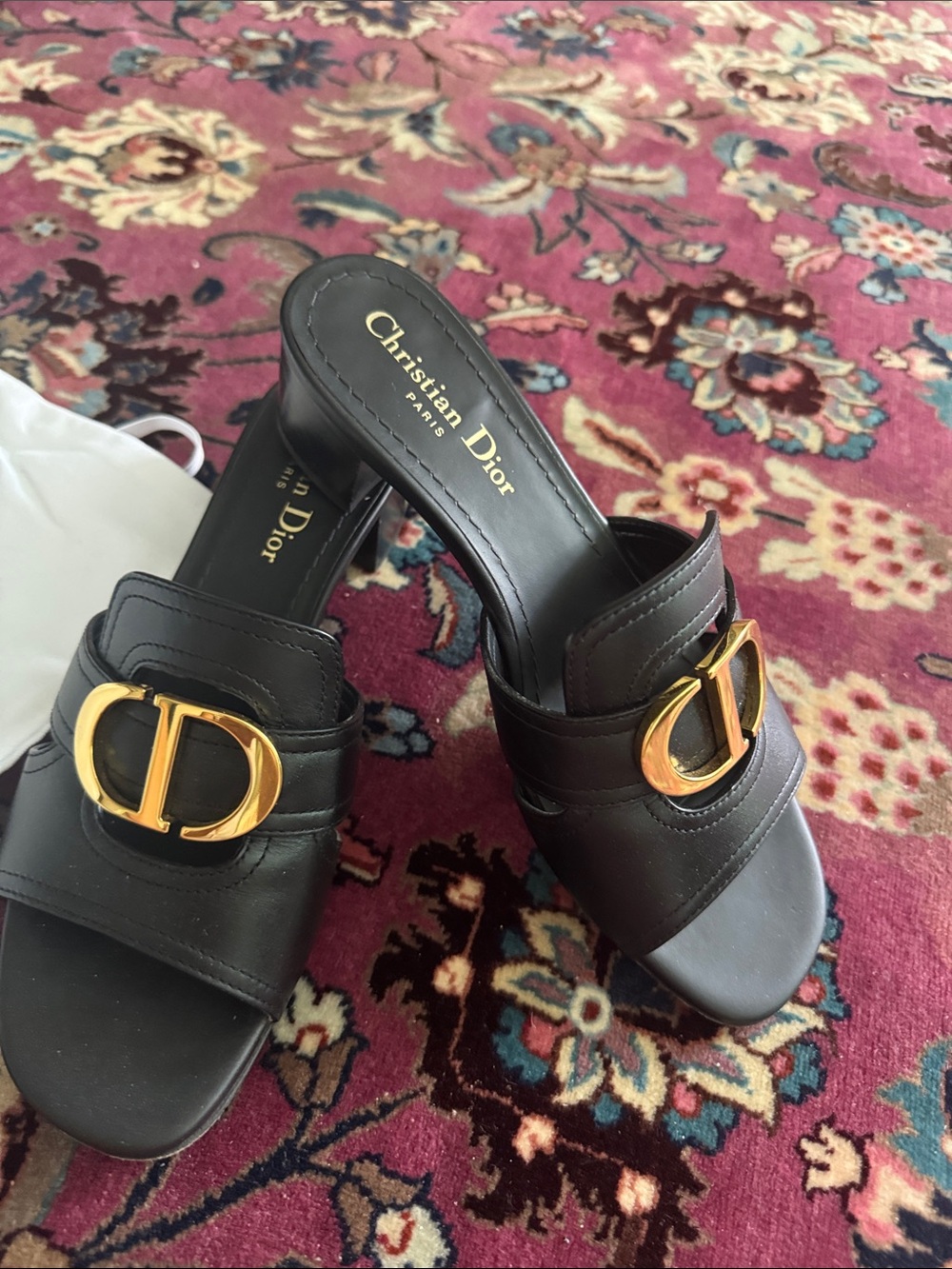 Dior Black Leather Mules with Gold CD Emblem - Picture 1 of 12